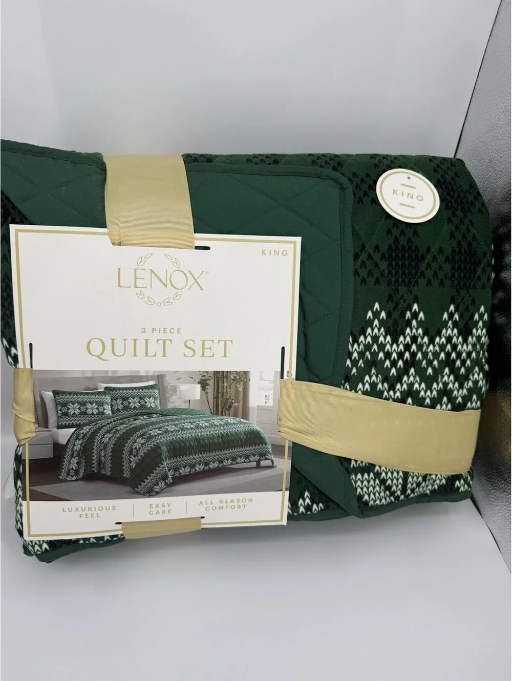 Lenox 3-Piece Green Polyester Quilt Holiday Pattern Quilt Set, King Green